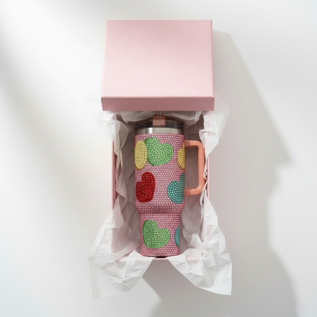 Bling Studded Heart Pattern 40oz Stainless Steel Tumbler with Handle