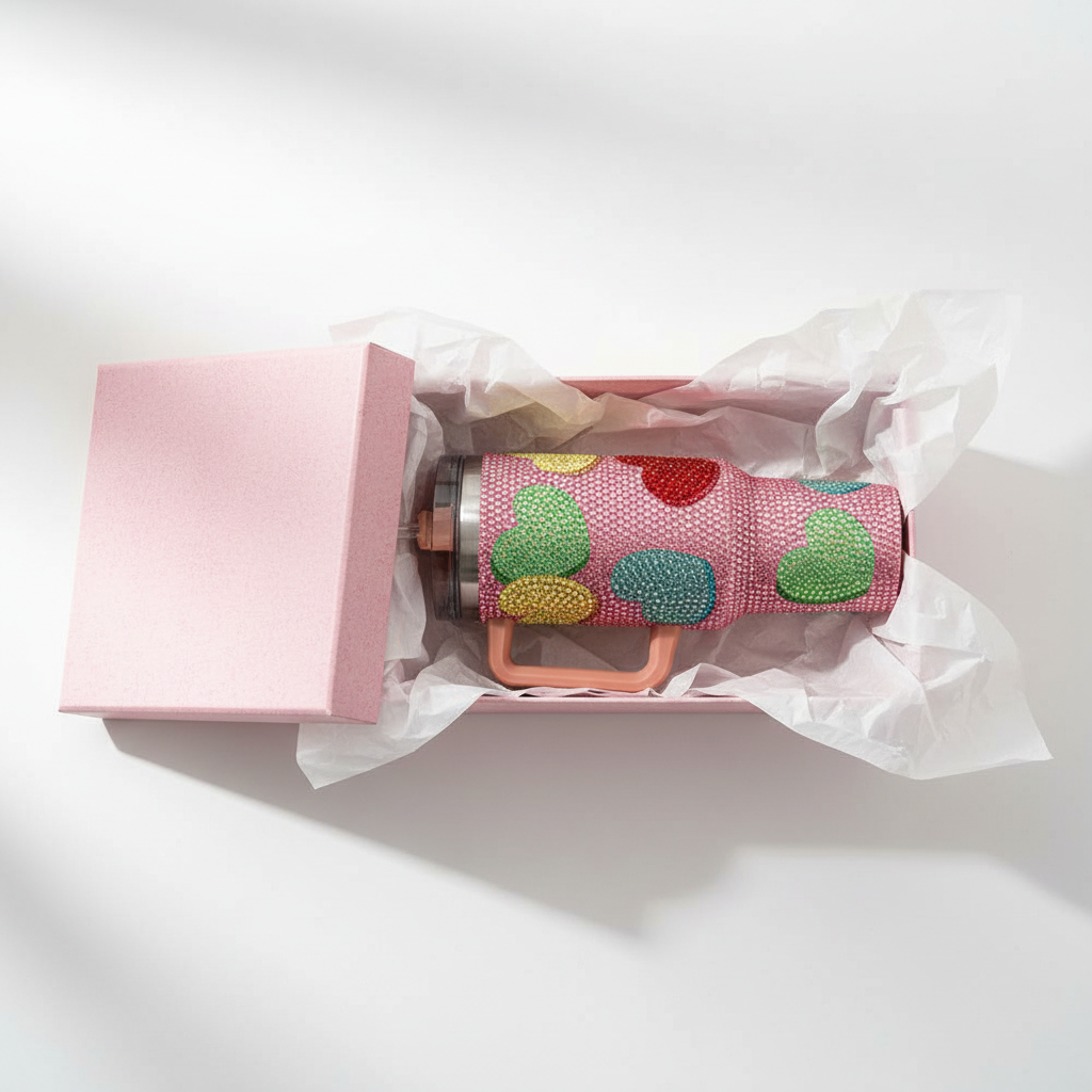 Bling Studded Heart Pattern 40oz Stainless Steel Tumbler with Handle