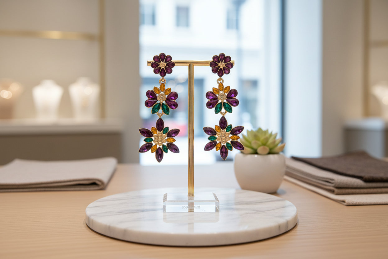 Mardi Gras rhinestone cluster drop earrings with purple, green, and yellow marquise crystal stones in a flower shape.

