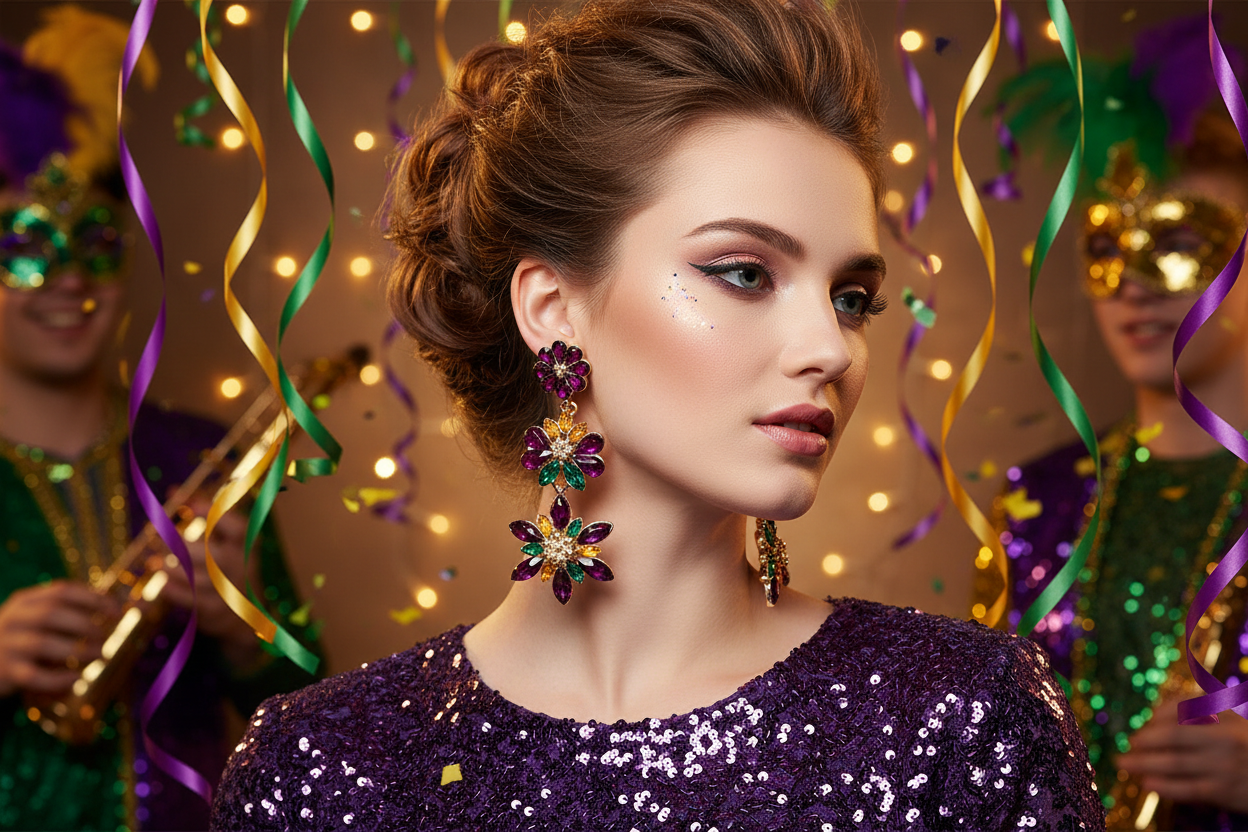 Mardi Gras rhinestone cluster drop earrings with purple, green, and yellow marquise crystal stones in a flower shape.