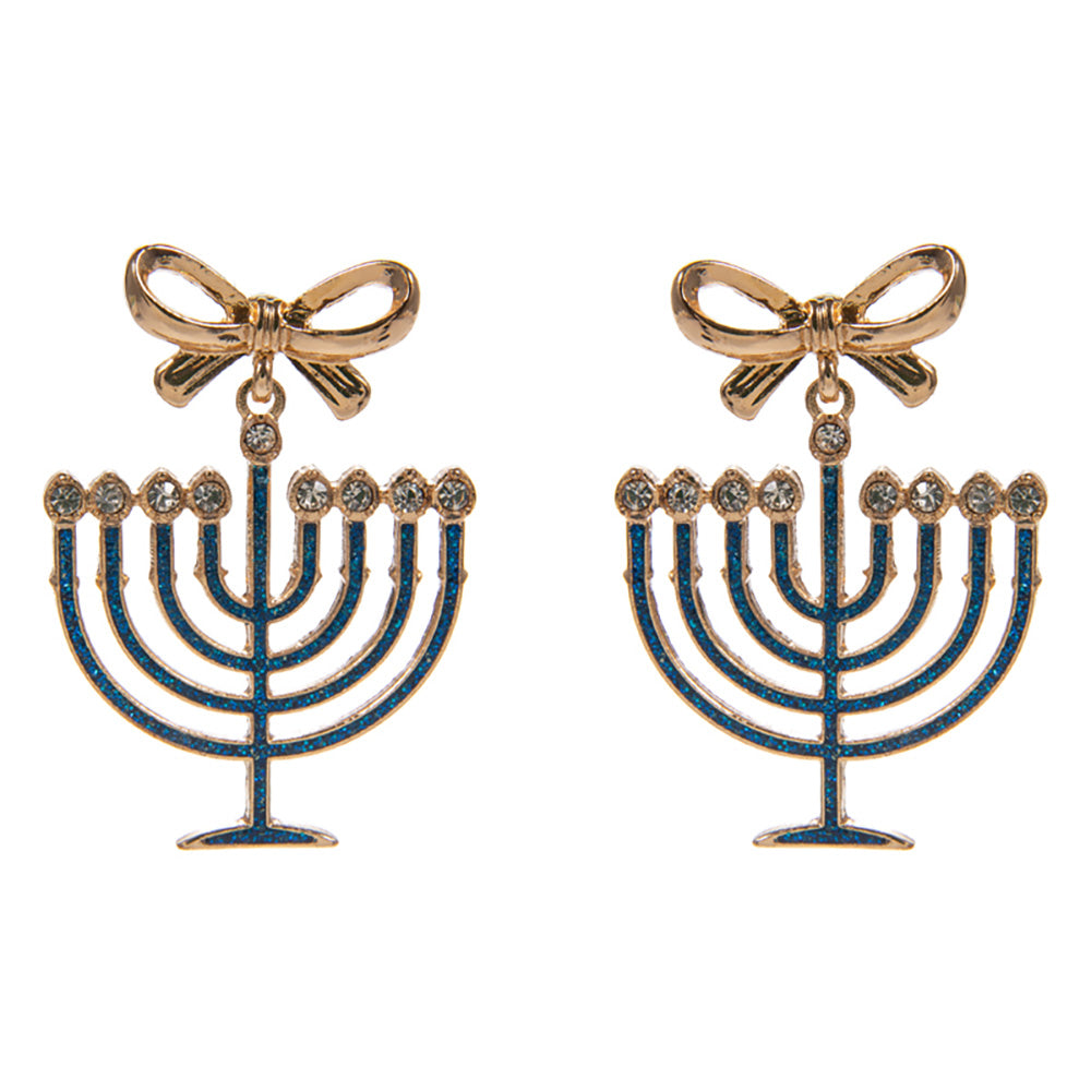 Bow Accent Hanukkah Menorah Dangle Earrings