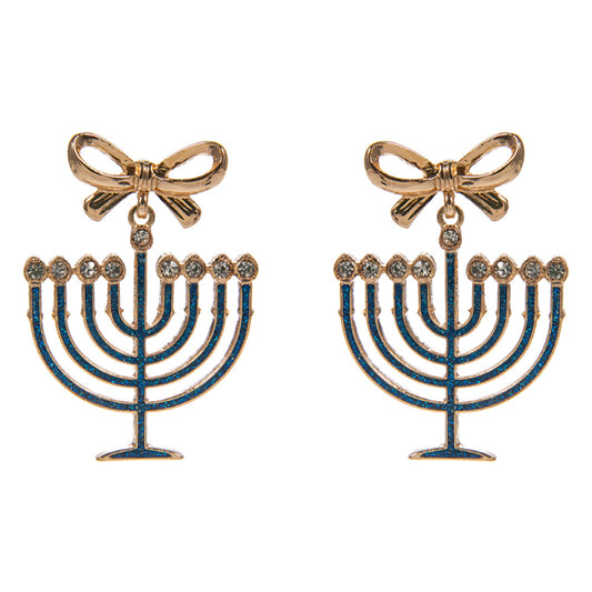 Bow Accent Hanukkah Menorah Dangle Earrings