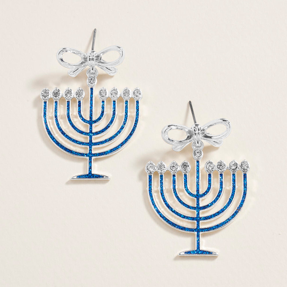 Bow Accent Hanukkah Menorah Dangle Earrings