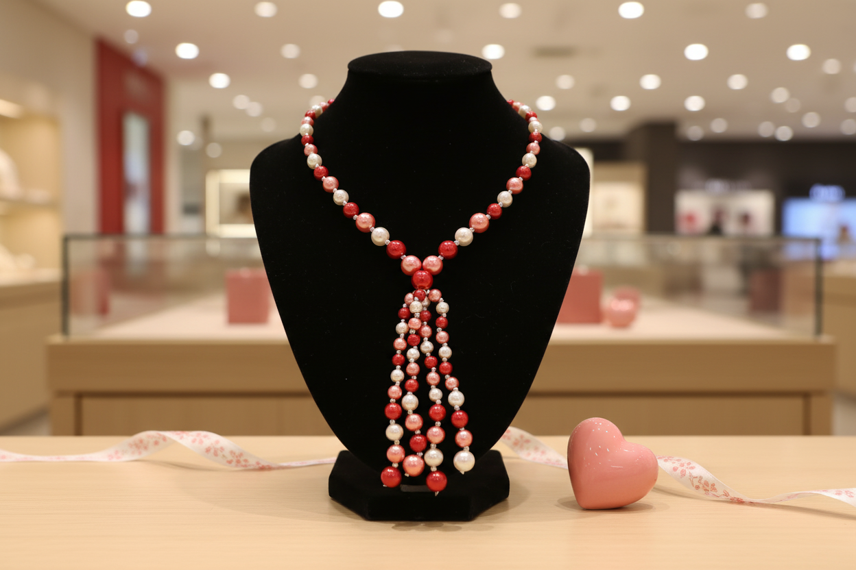 Multi Pink and White Pearl beaded y-shaped necklace on a black bust with a pink heart-shaped object on a table in a store setting