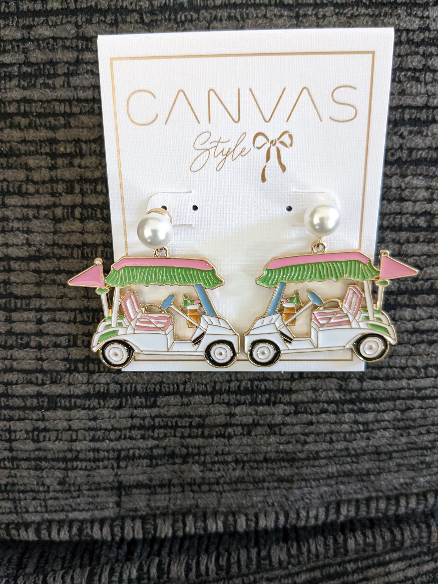 Bella Enamel Golf Cart Earrings in Green & Pink