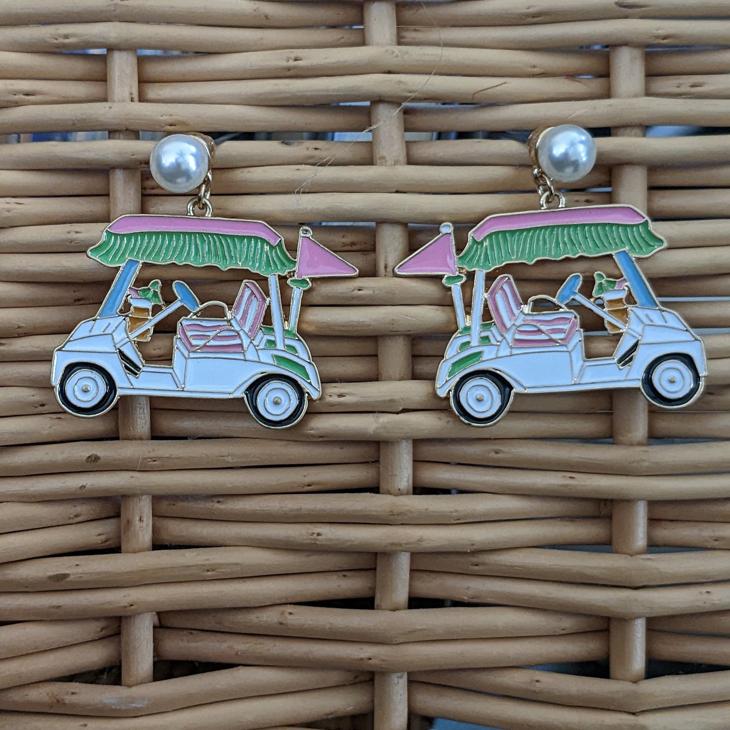 Bella Enamel Golf Cart Earrings in Green & Pink