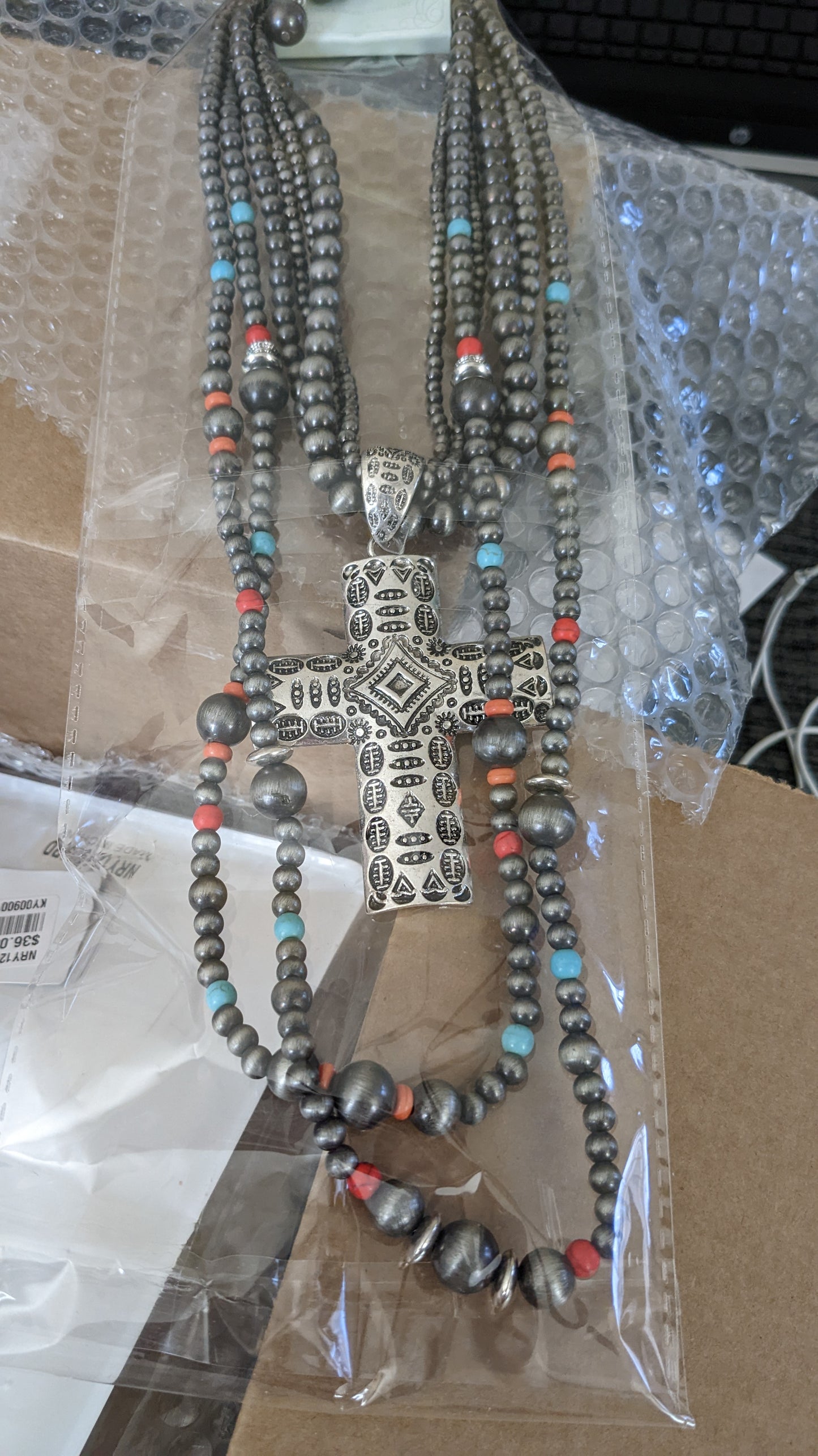 Cross Pendant Multi Layered Navajo Pearl Beaded Necklace