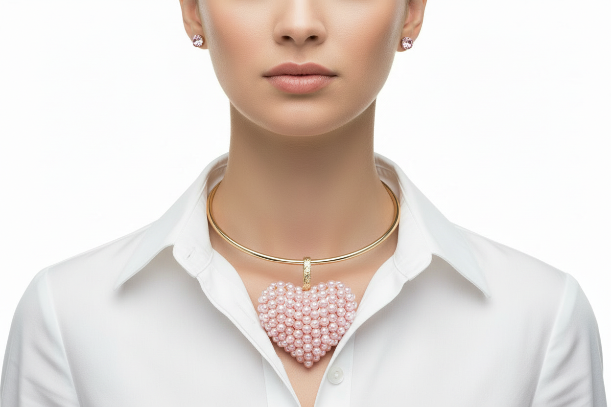 Necklace with a pink pearl cluster heart-shaped pendant on a model