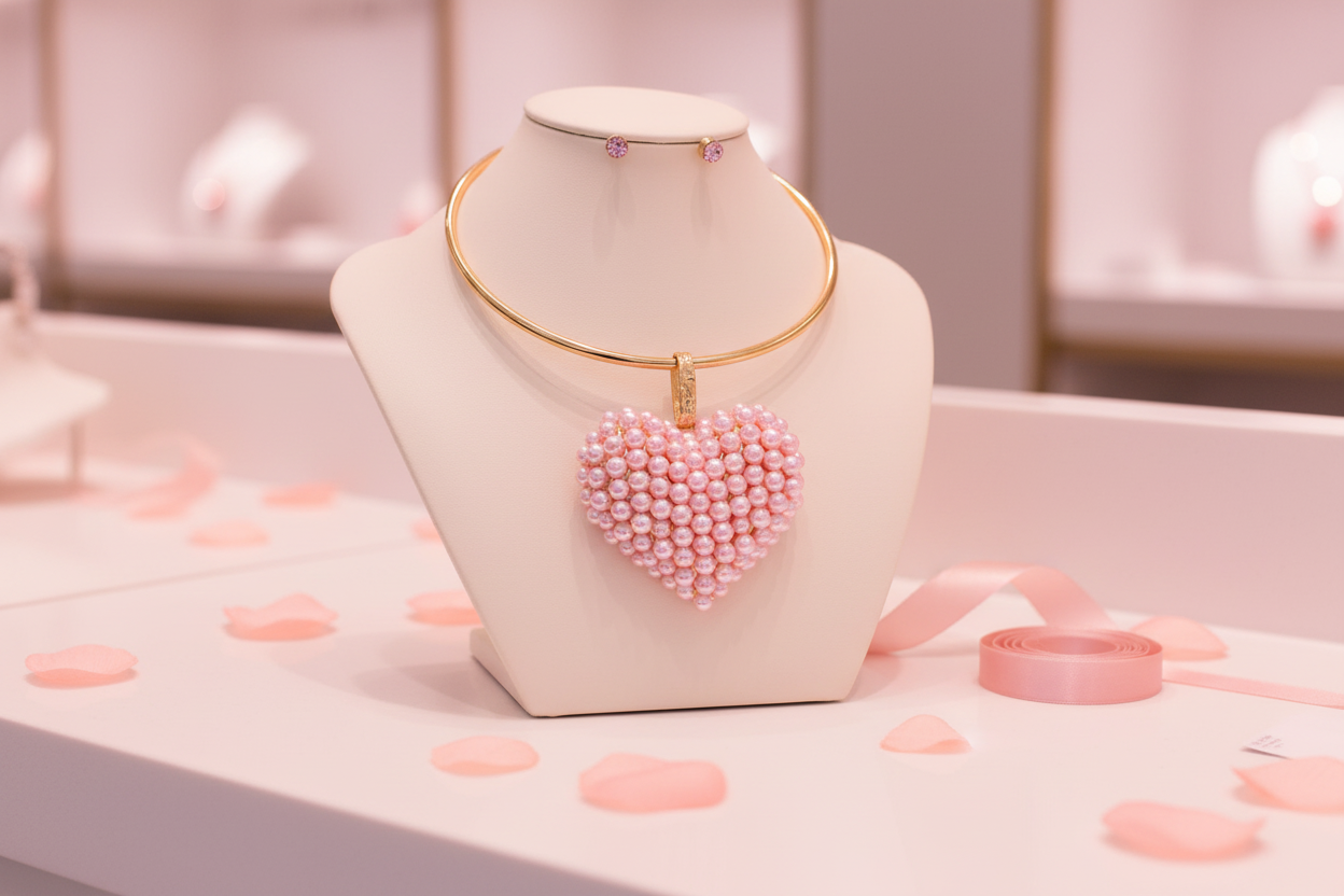 Heart-shaped pink pearl cluster choker necklace and earrings set
