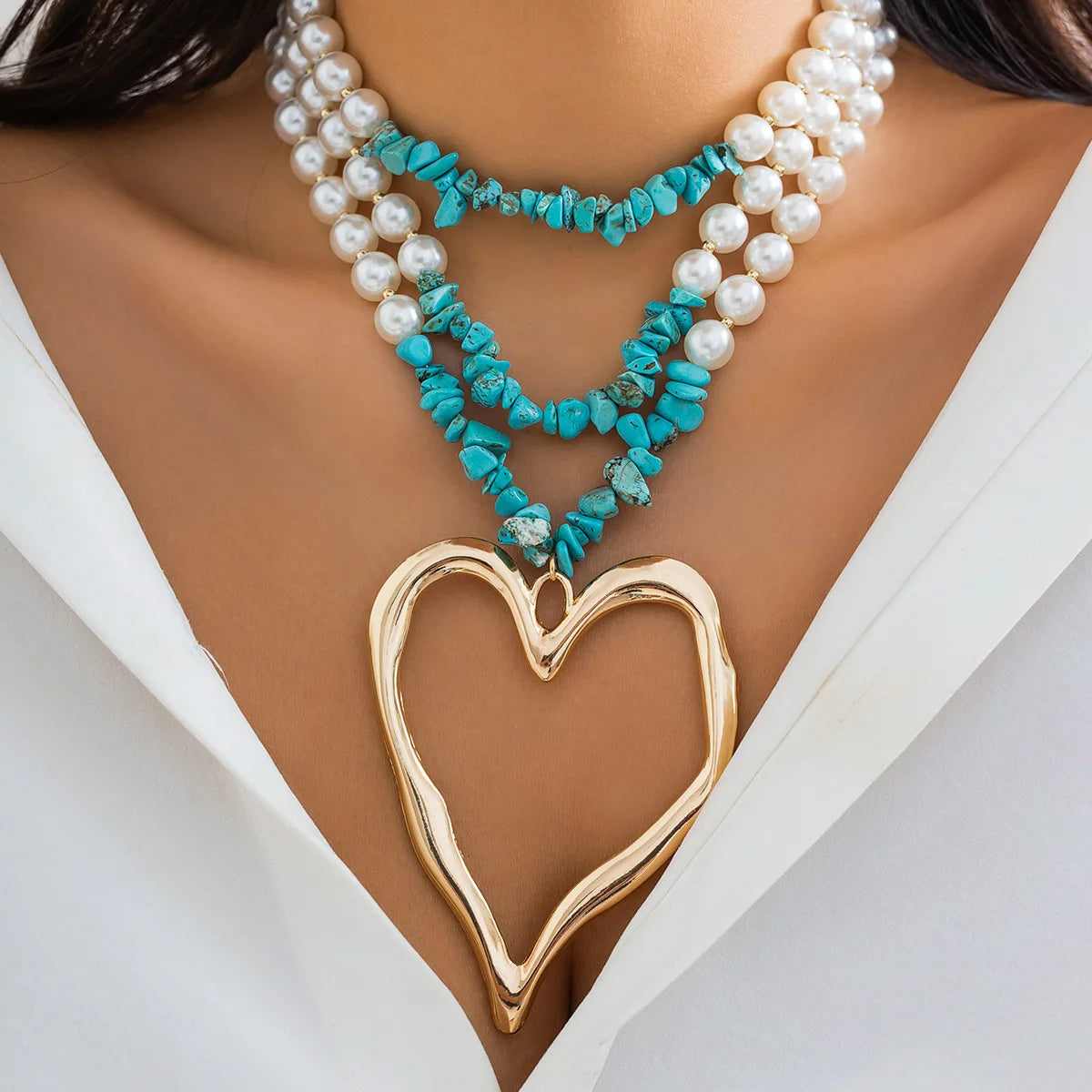 Pearl Bead Chain Necklace for Women with Hollow Heart Pendant