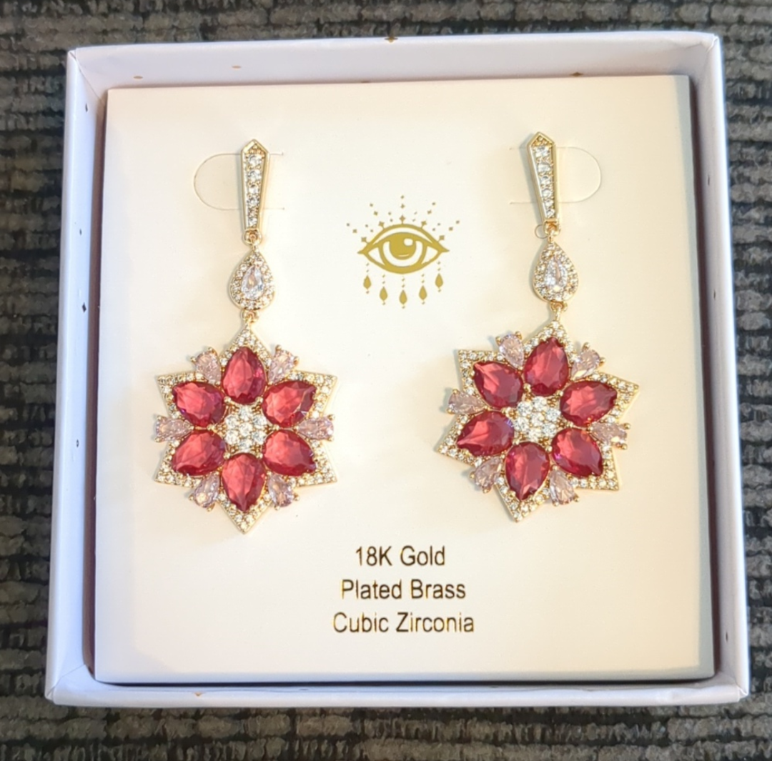 Grace Red Starburst Cubic Zirconia Dangle Earrings