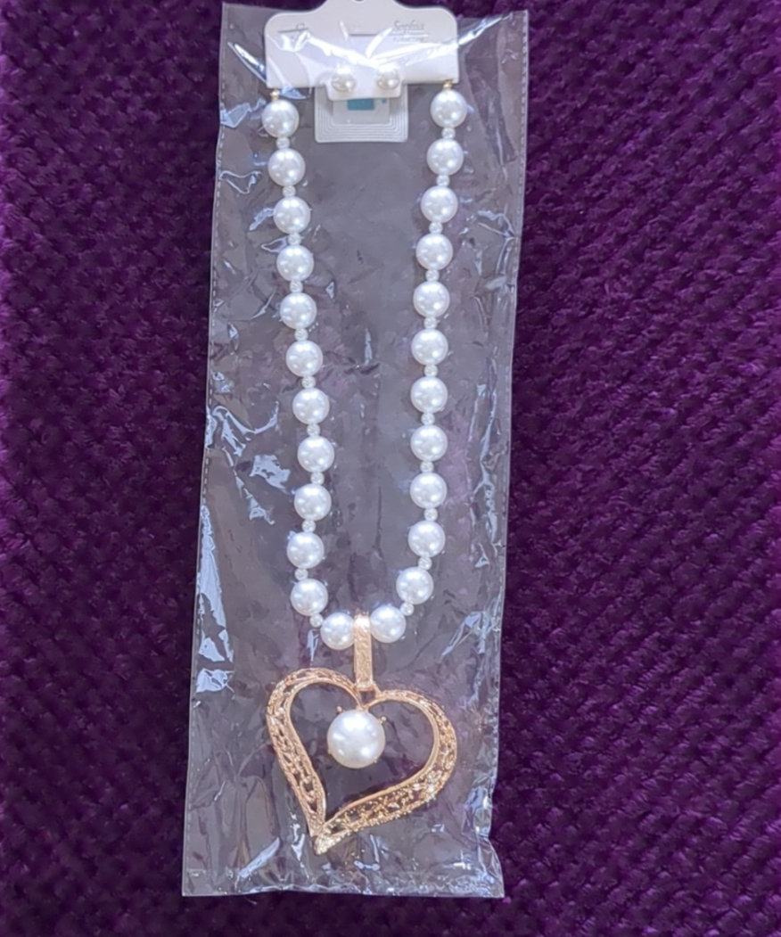 Pearl Open Heart Large Pendant Necklace Set