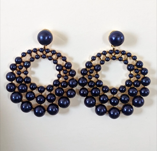 Blue Beaded Pearlized Hoop Earrings