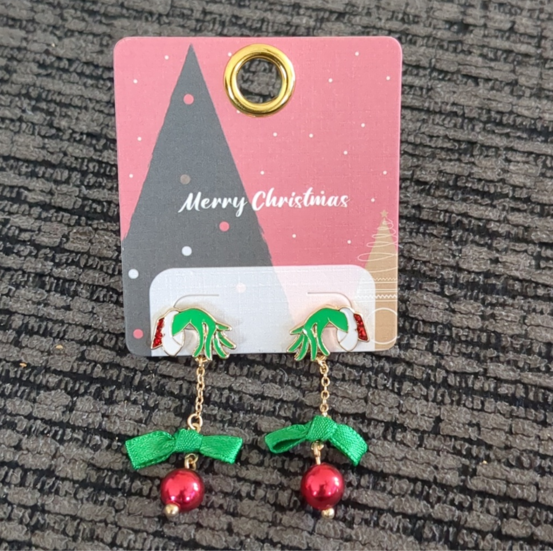Grinch Hand Christmas Dangle Earrings – Red Ornament & Green Bow Holiday Jewelry