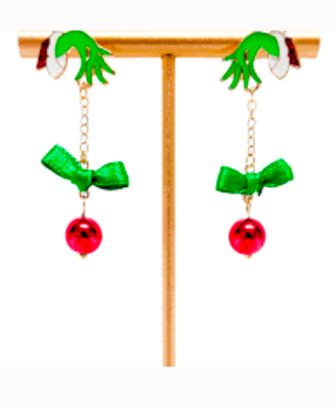 Grinch Hand Christmas Dangle Earrings – Red Ornament & Green Bow Holiday Jewelry