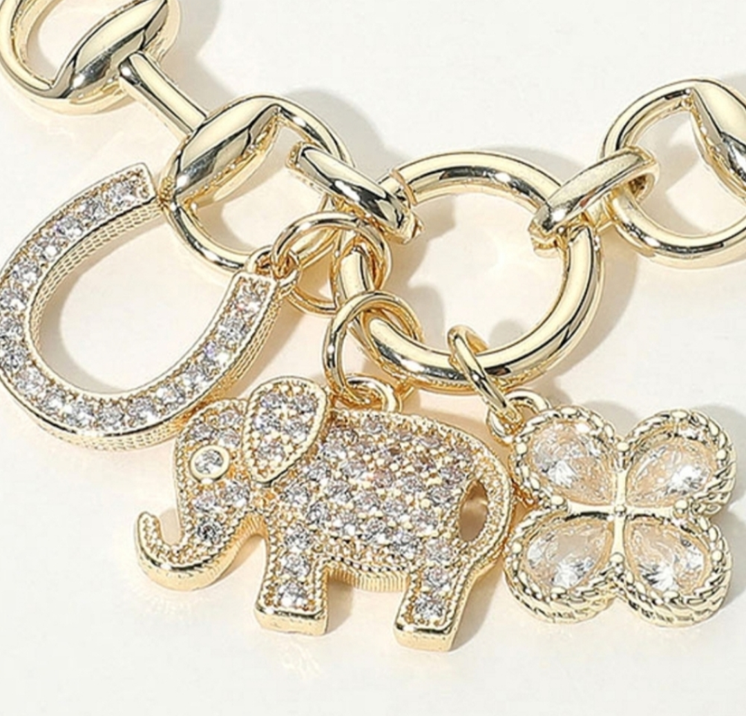Gold Dipped Charm Bracelet CZ Elephant Clover Horseshoe Adjustable 7.25"