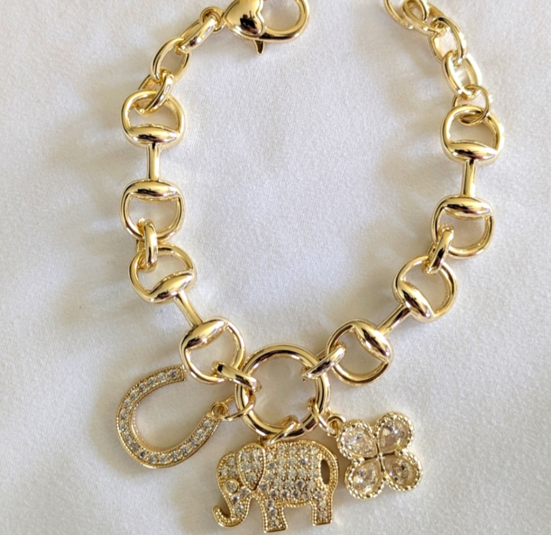 Gold Dipped Charm Bracelet CZ Elephant Clover Horseshoe Adjustable 7.25"