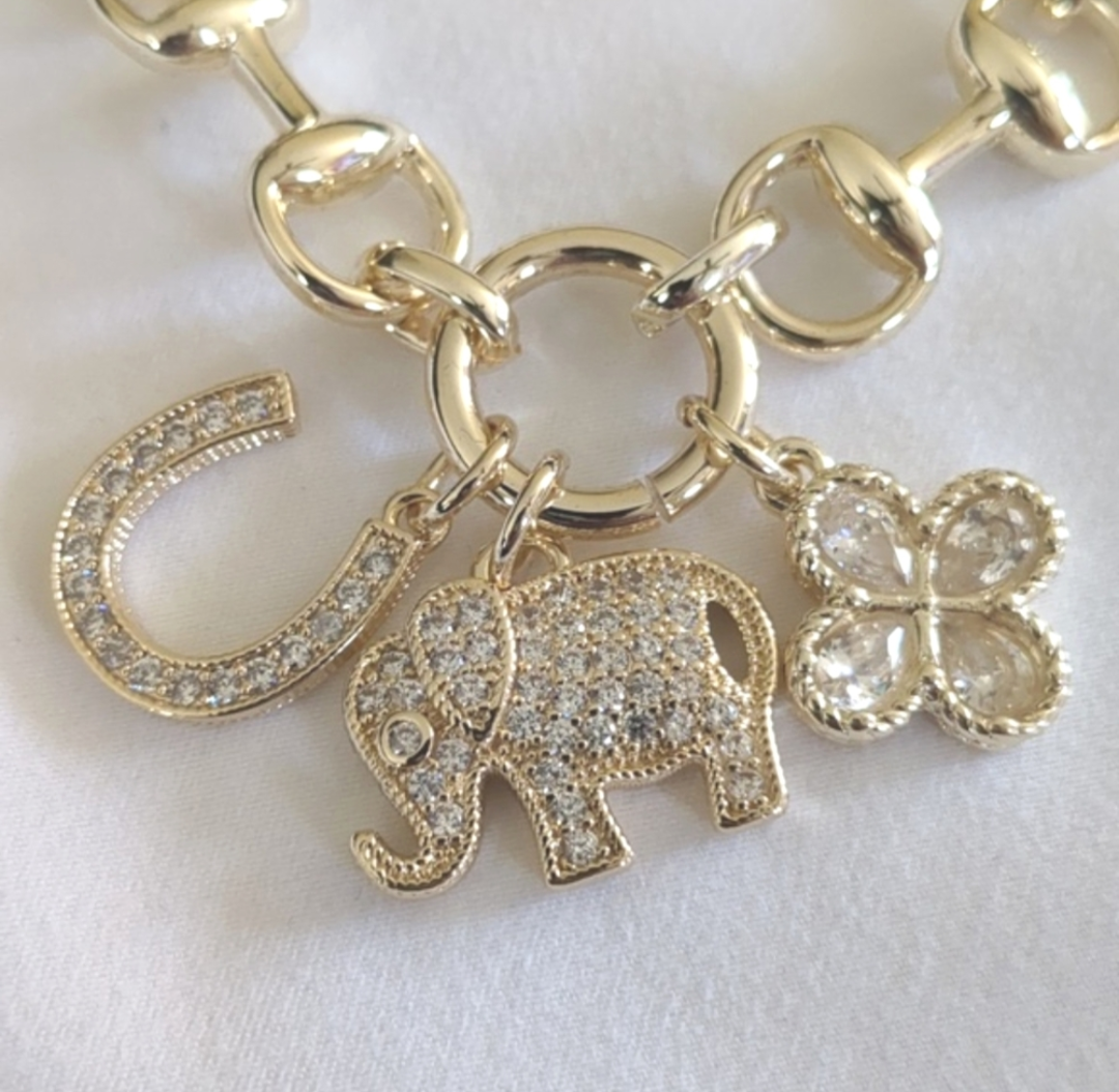 Gold Dipped Charm Bracelet CZ Elephant Clover Horseshoe Adjustable 7.25"