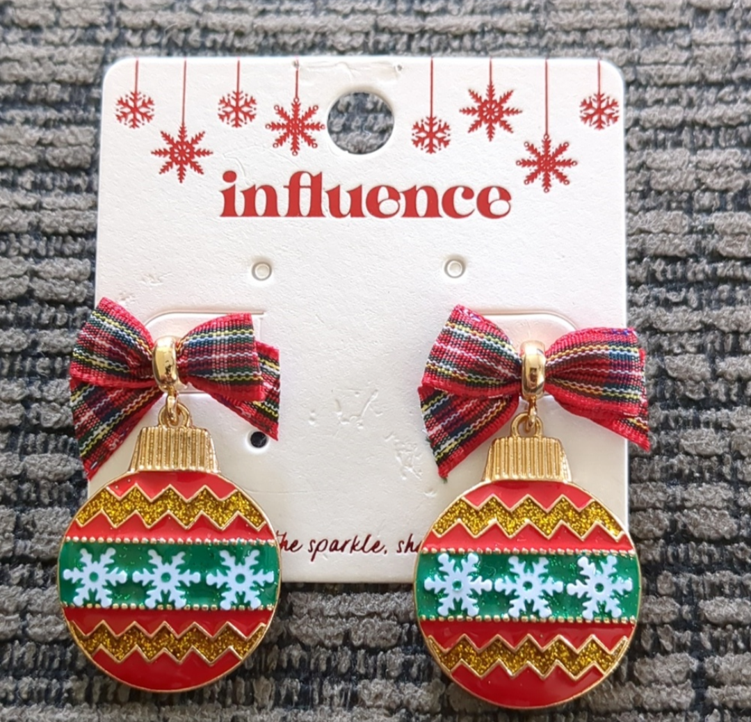 Bow Pointed Enamel Christmas Ornament Dangle Earrings