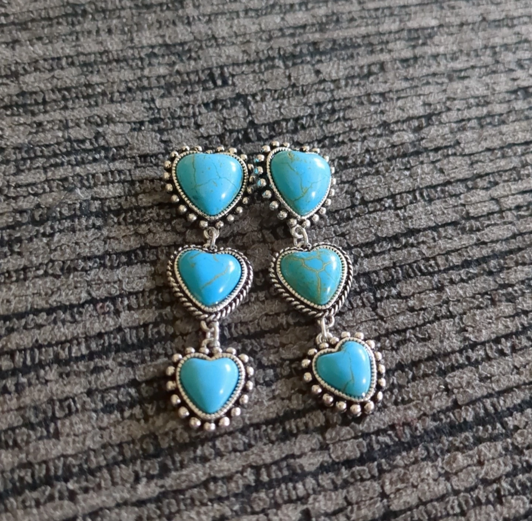 Boho Vintage Southwestern Turquoise Heart Drop Earrings