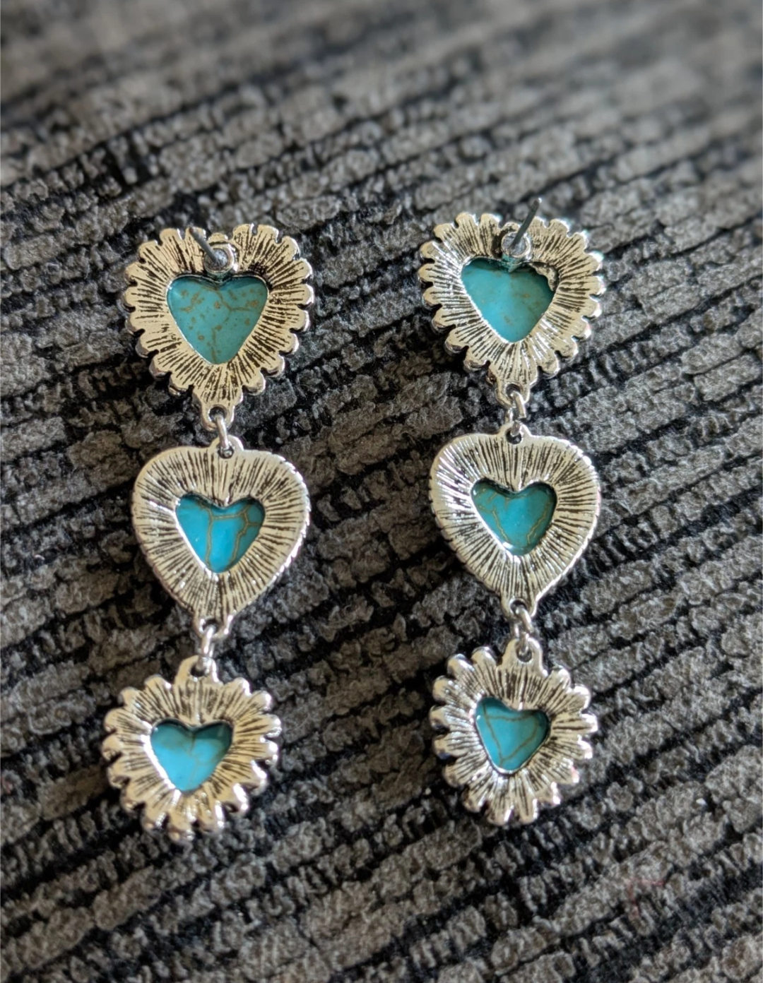 Boho Vintage Southwestern Turquoise Heart Drop Earrings