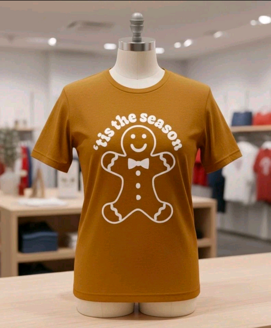 Unisex Gingerbread Christmas T-Shirt – Vintage Wash Holiday Tee, Soft Cotton Blend, Assorted Sizes