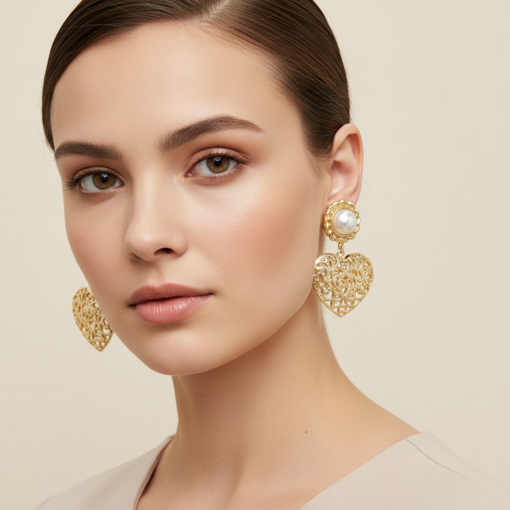 2-Tier Filigree Heart Shaped Pearl Drop Earrings