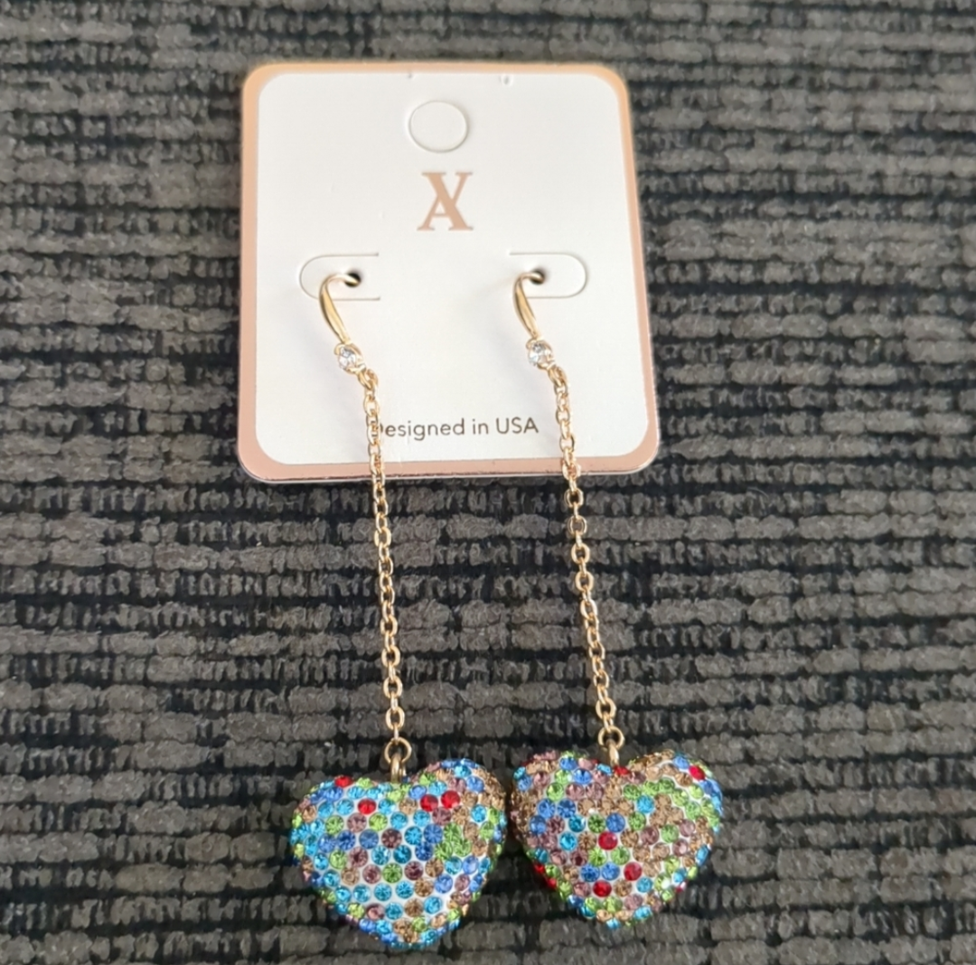 Multicolor Crystal Heart Dangle Earrings – Gold Chain Drop, 2" Fish Hook Closure