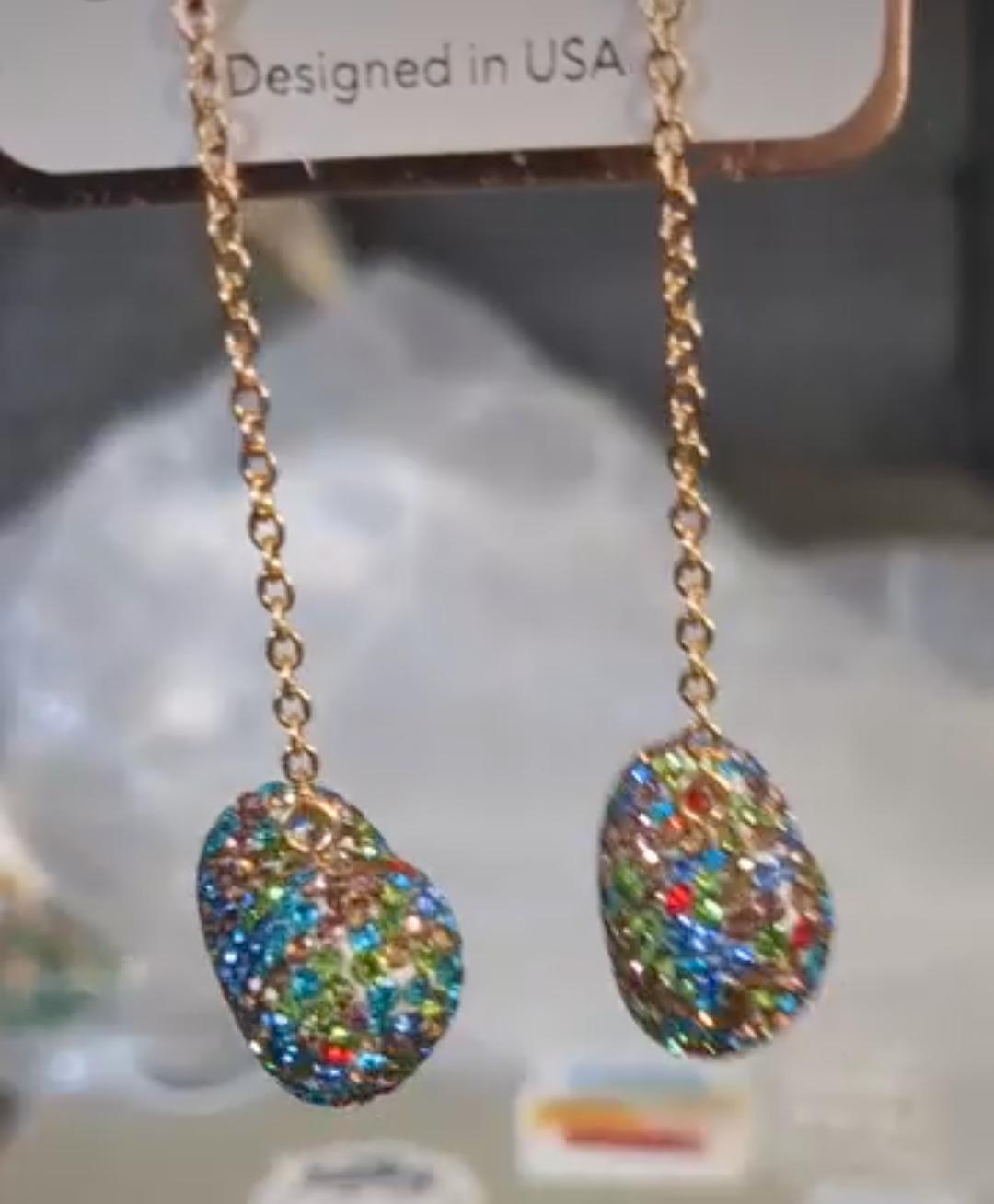 Multicolor Crystal Heart Dangle Earrings – Gold Chain Drop, 2" Fish Hook Closure