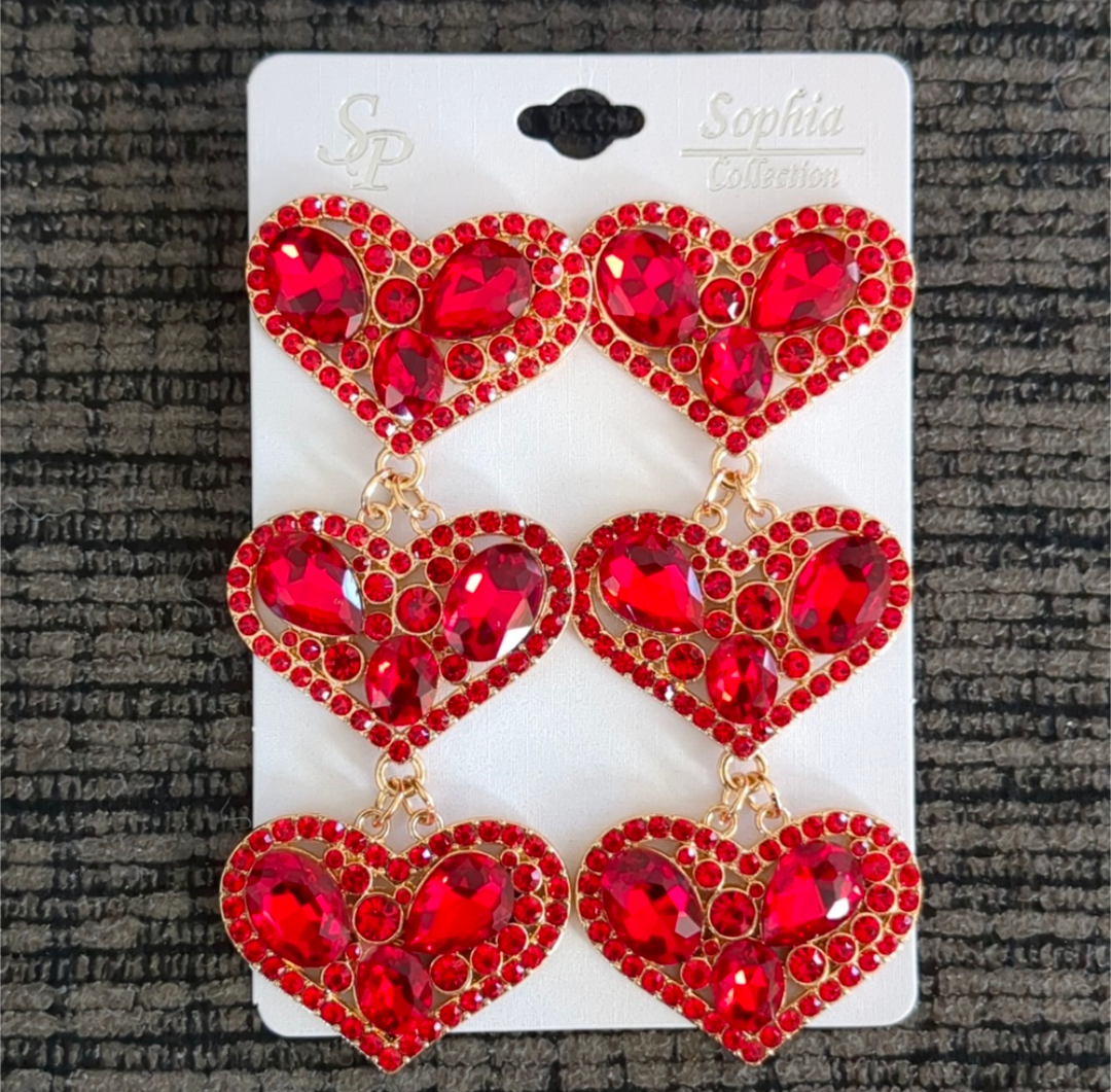 Rhinestone Embellished Triple Heart Dangle Earrings