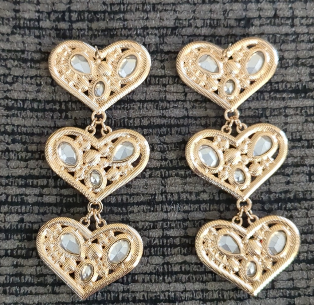 Rhinestone Embellished Triple Heart Dangle Earrings