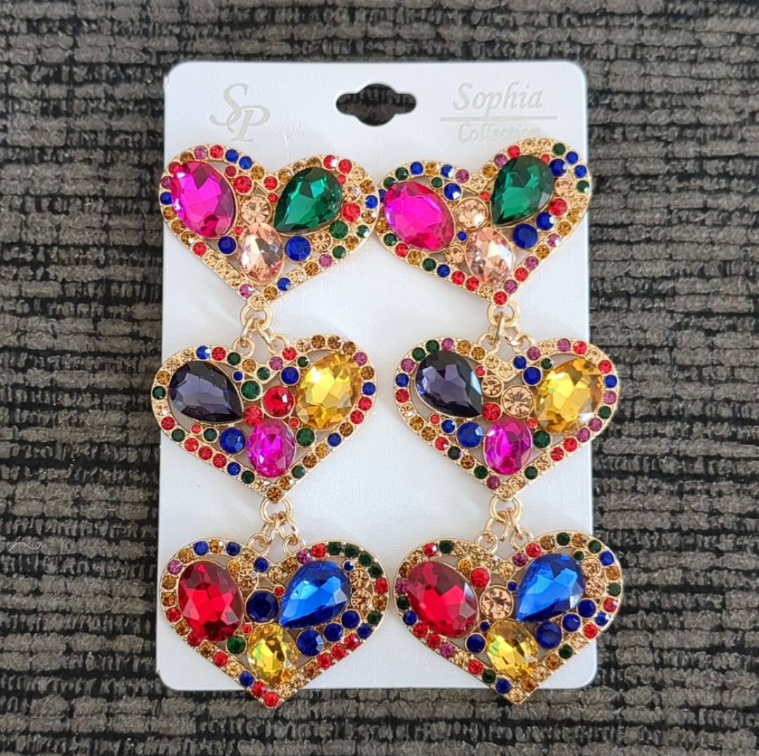 Rhinestone Embellished Triple Heart Dangle Earrings
