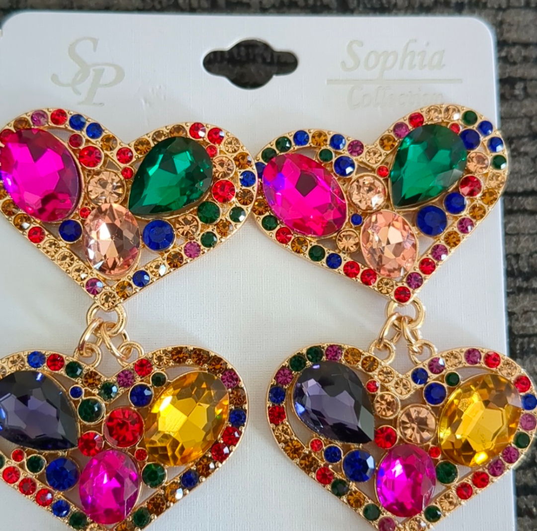 Rhinestone Embellished Triple Heart Dangle Earrings