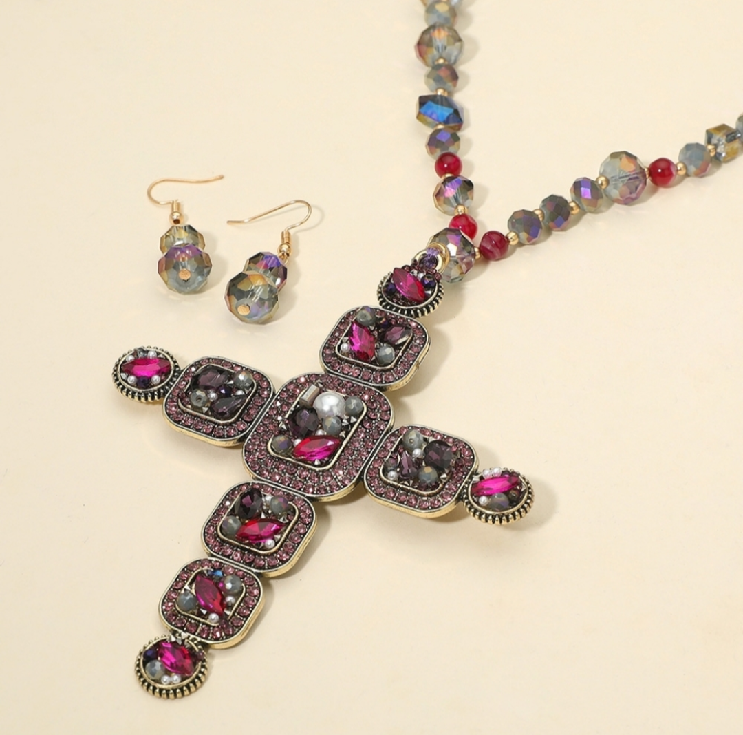 Beaded Cross Pendant Necklace & Earrings Set 37" Long Statement Jewelry