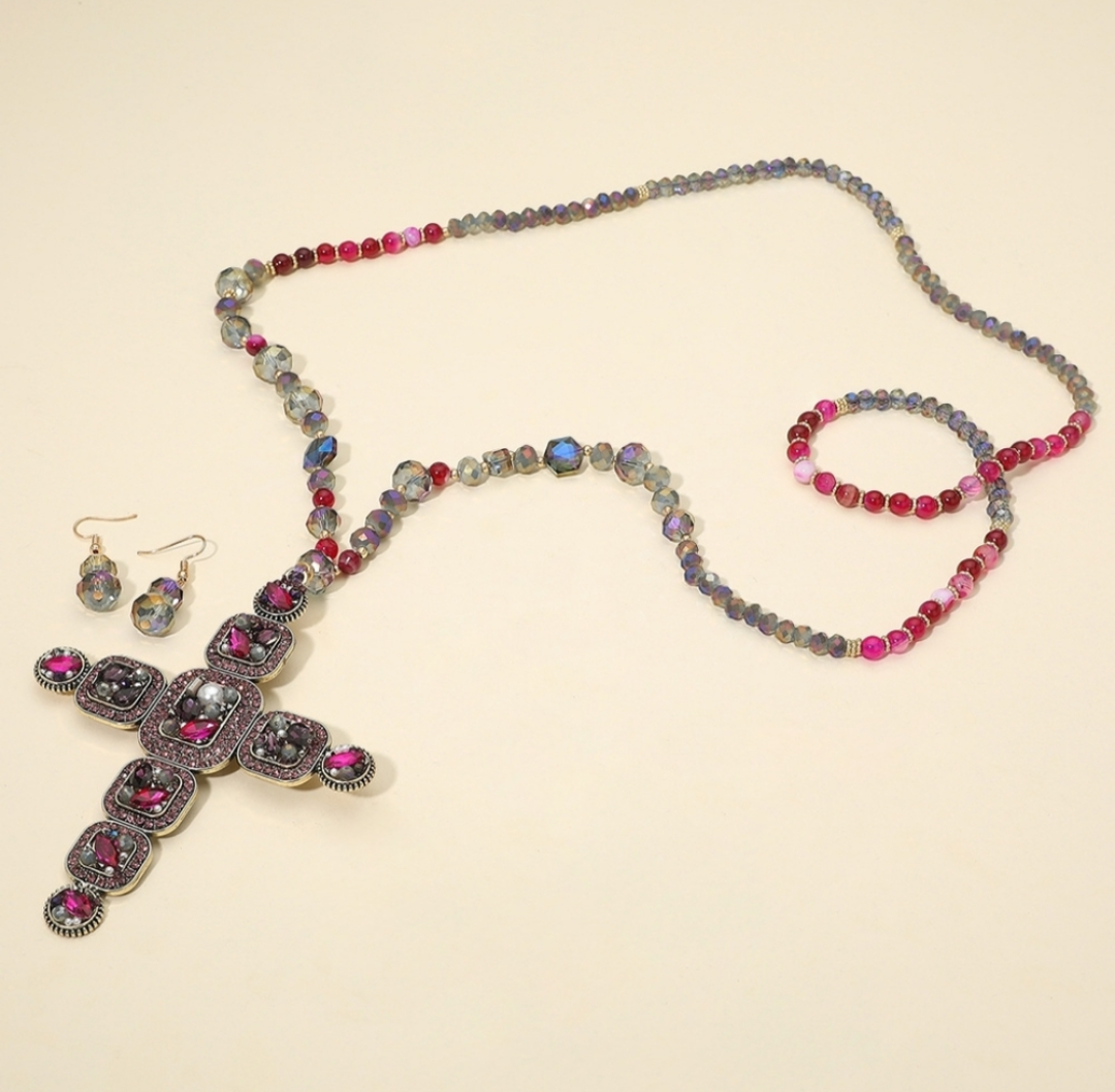 Beaded Cross Pendant Necklace & Earrings Set 37" Long Statement Jewelry
