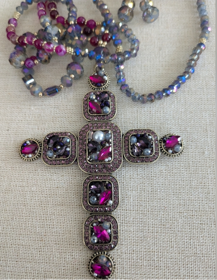 Beaded Cross Pendant Necklace & Earrings Set 37" Long Statement Jewelry