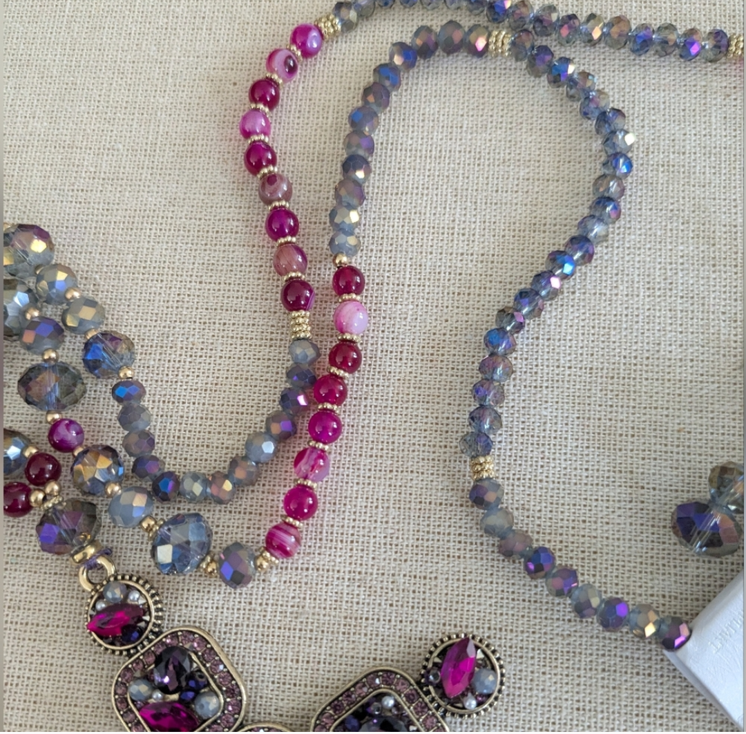 Beaded Cross Pendant Necklace & Earrings Set 37" Long Statement Jewelry