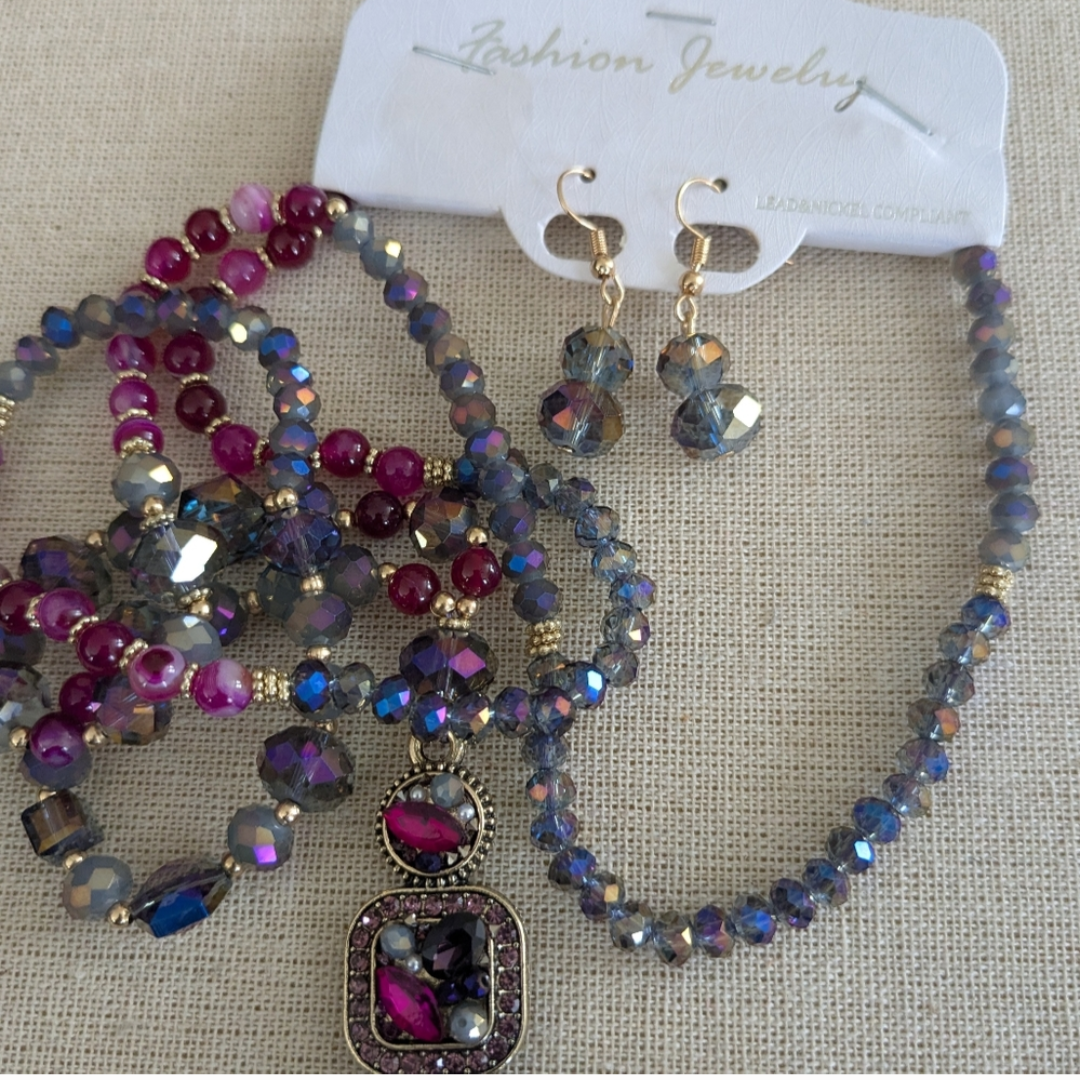 Beaded Cross Pendant Necklace & Earrings Set 37" Long Statement Jewelry