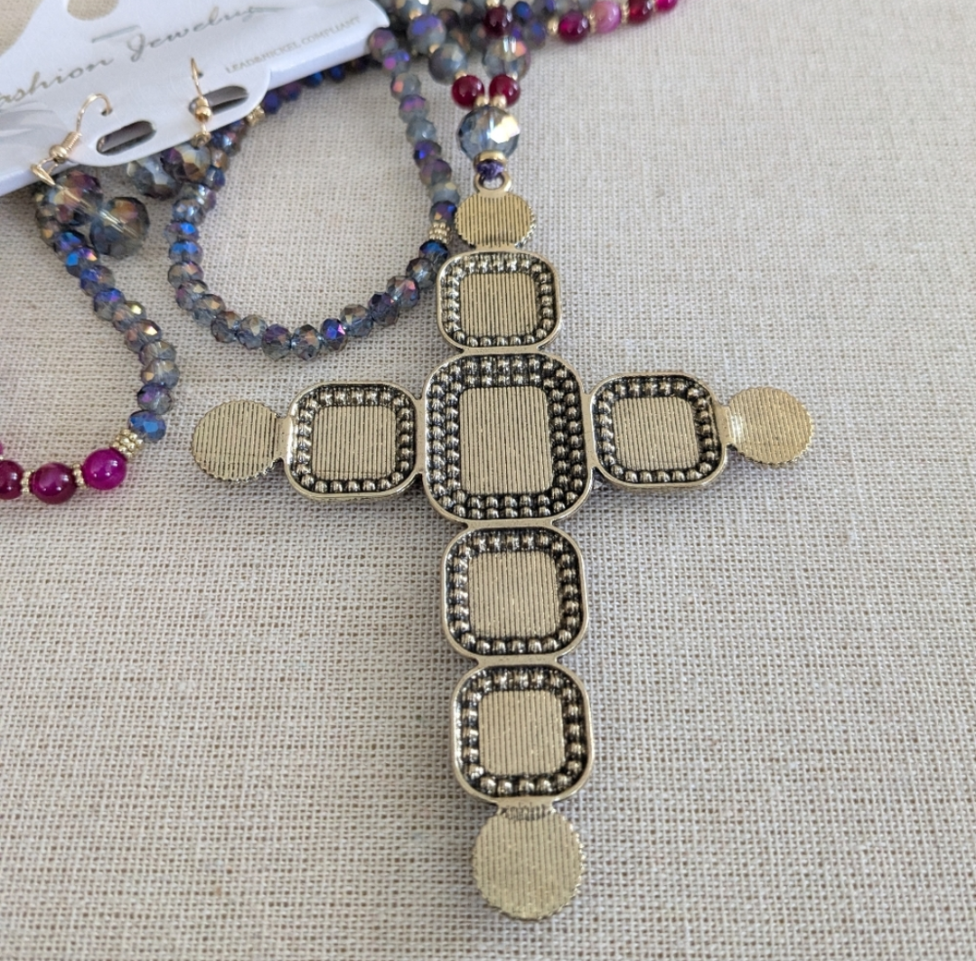 Beaded Cross Pendant Necklace & Earrings Set 37" Long Statement Jewelry