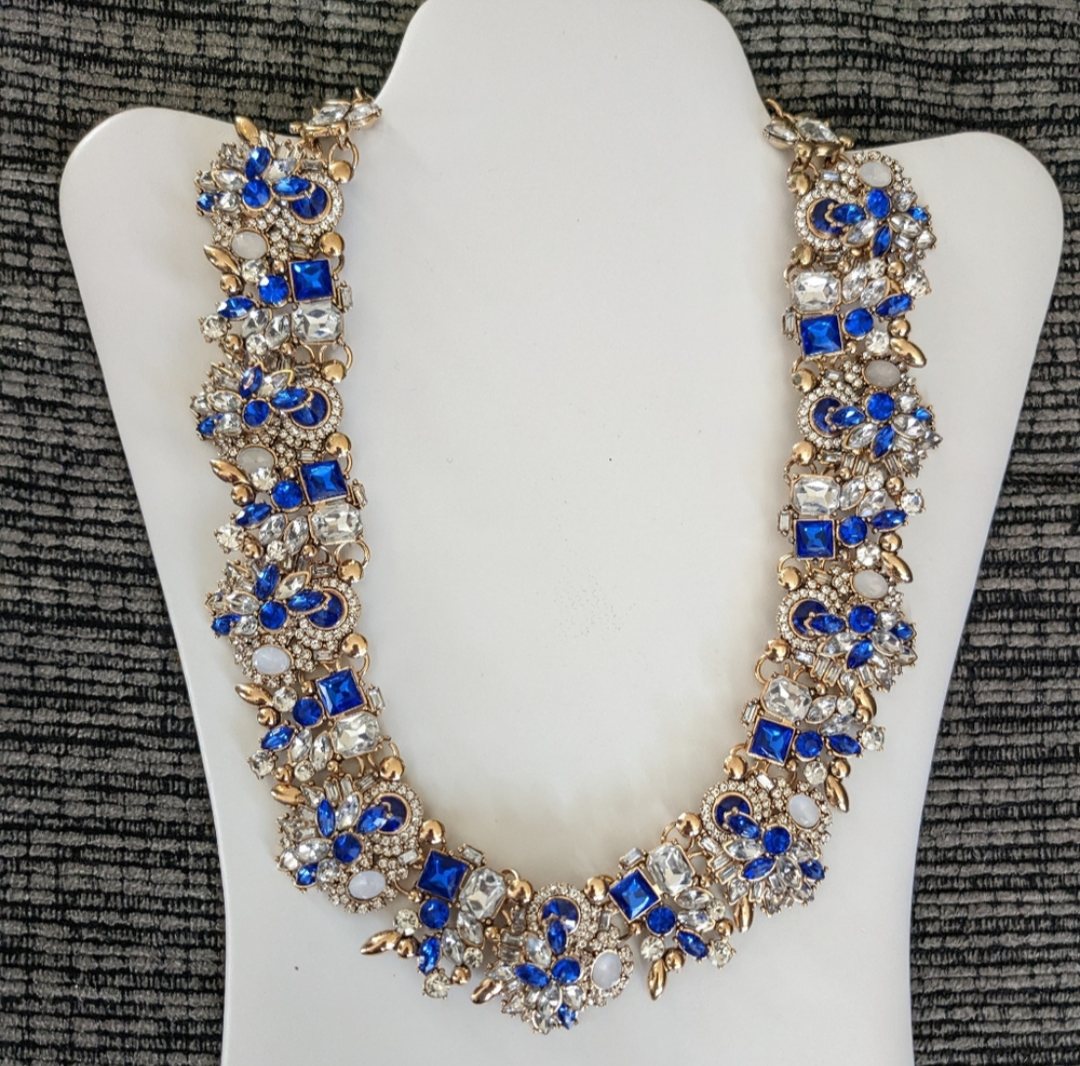 Gold Tone CZ Crystal Statement Necklace Blue Clear Rhinestone Collar Lobster Clasp