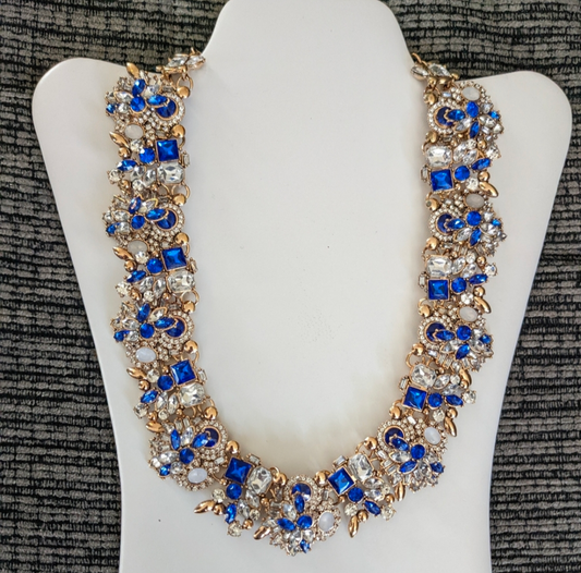 Gold Tone CZ Crystal Statement Necklace Blue Clear Rhinestone Collar Lobster Clasp