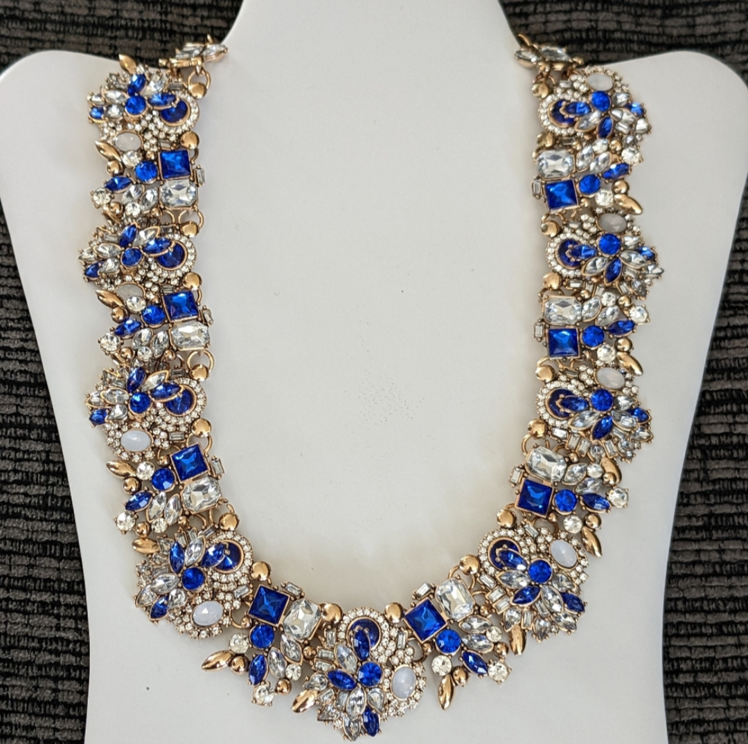 Gold Tone CZ Crystal Statement Necklace Blue Clear Rhinestone Collar Lobster Clasp