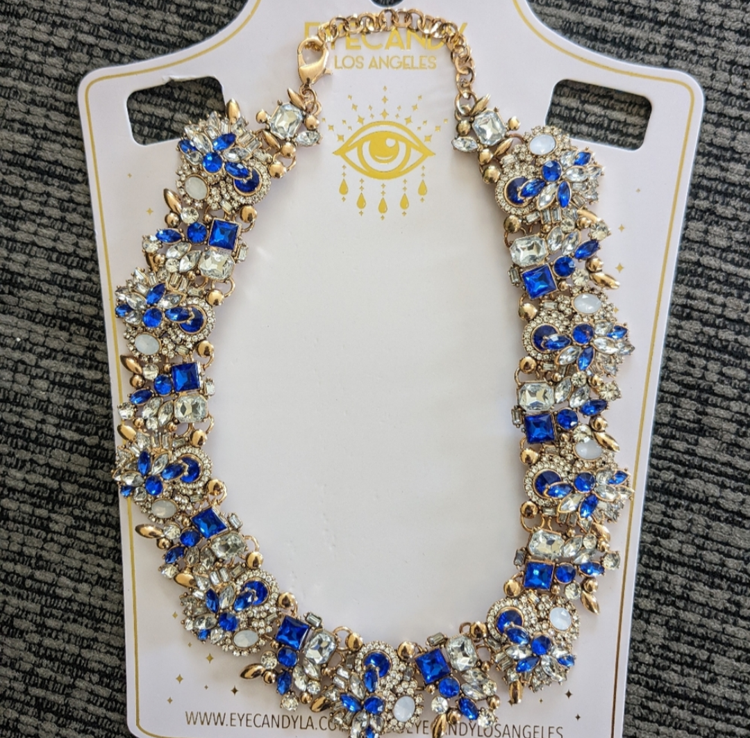 Gold Tone CZ Crystal Statement Necklace Blue Clear Rhinestone Collar Lobster Clasp