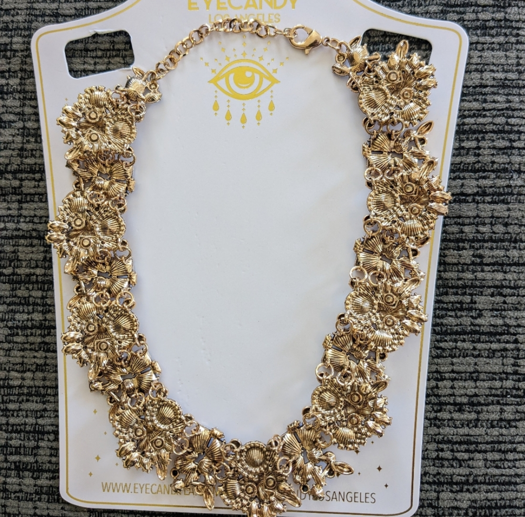 Gold Tone CZ Crystal Statement Necklace Blue Clear Rhinestone Collar Lobster Clasp