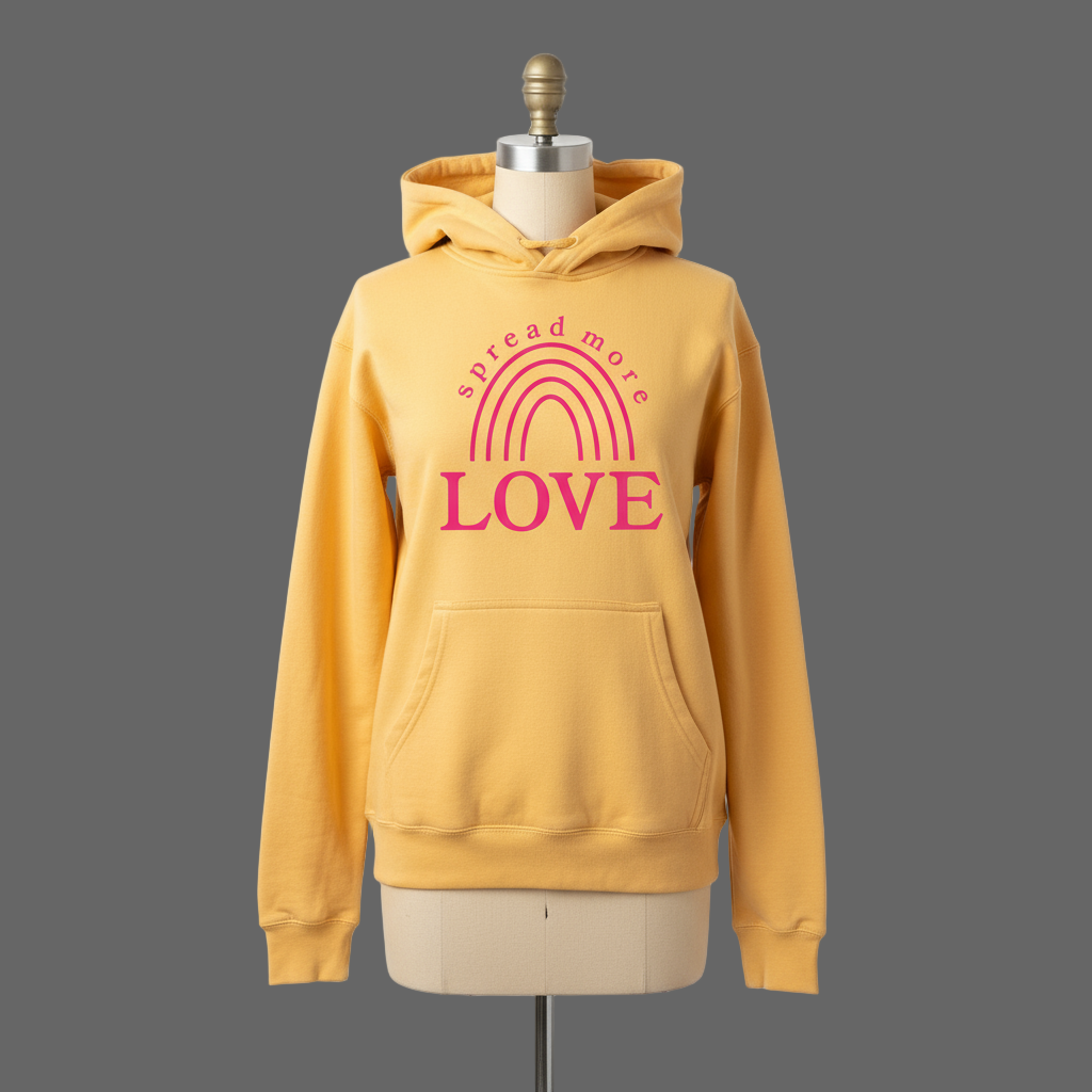 Mango colored hoodie with Spread More Love in red text on a mannequin against a plain background