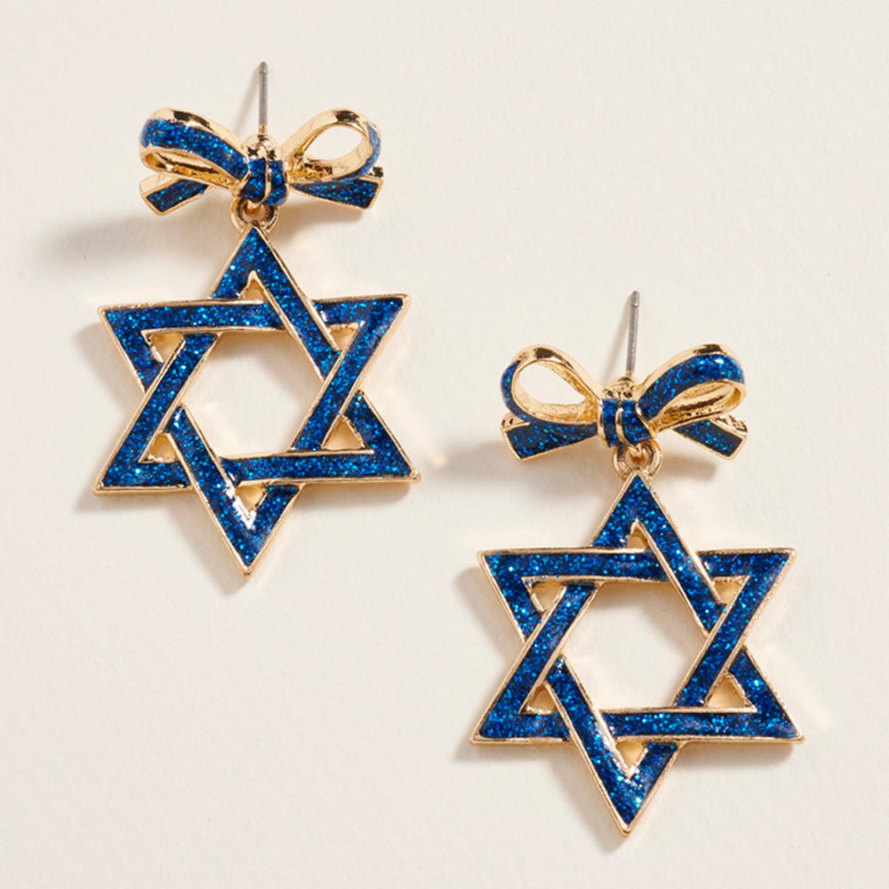 Blue Star of David earrings with gold accents on a light gray background