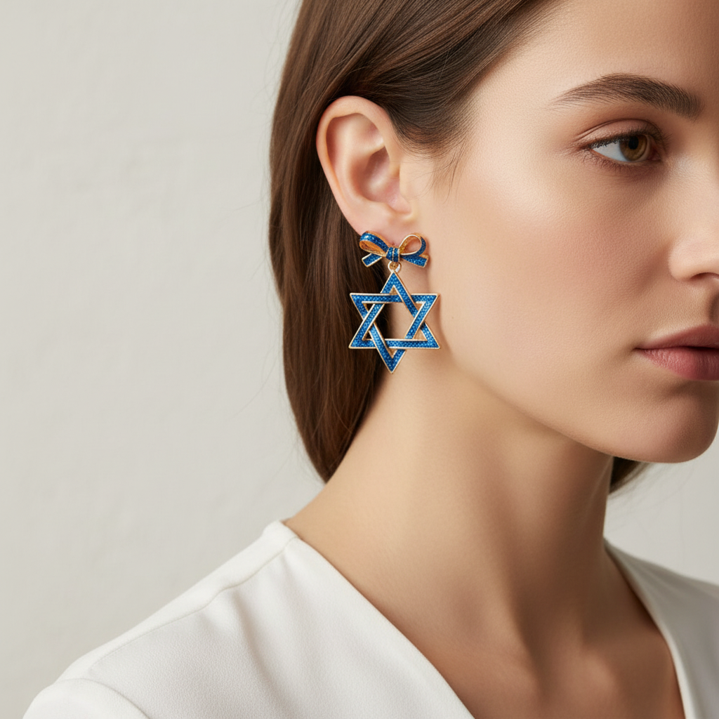 Blue Star of David earrings with gold accents on a light gray background