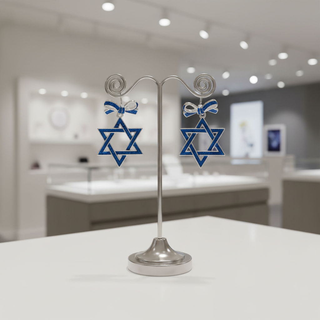 Blue glittery Star of David earrings with bow accents on a light background