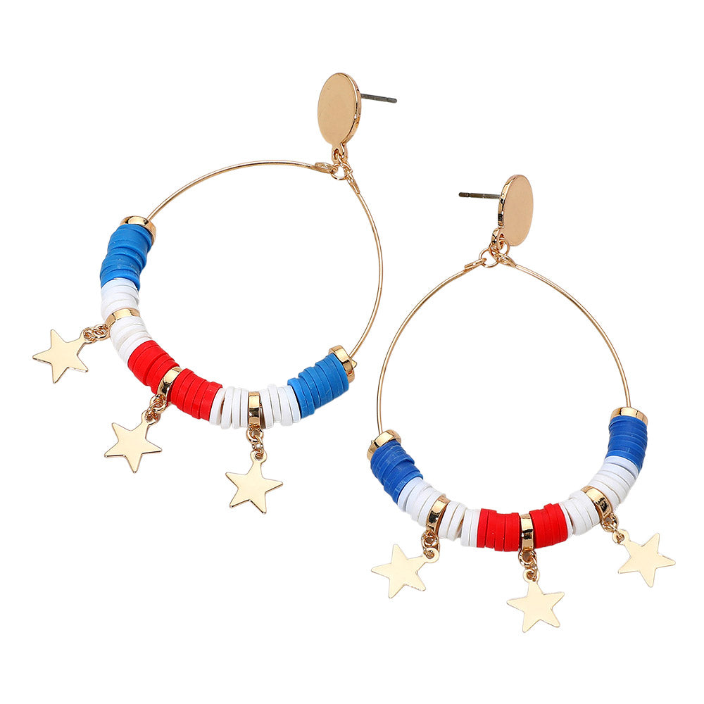 Colorful hoop earrings with gold star charms and disc bead details on a white background