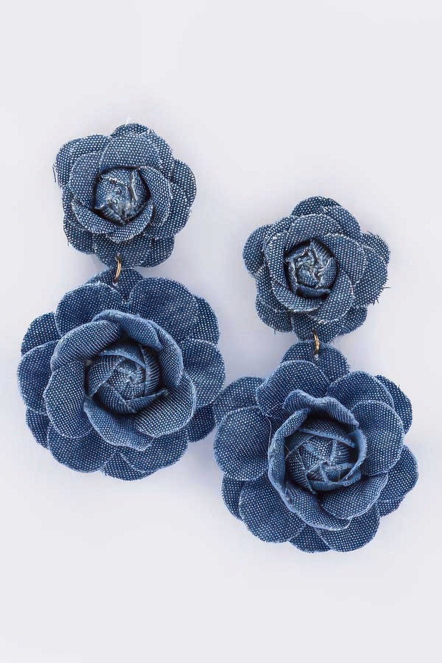 Oversized Double Denim Flower Drop Earrings – Blue Fabric Floral Statement Drops